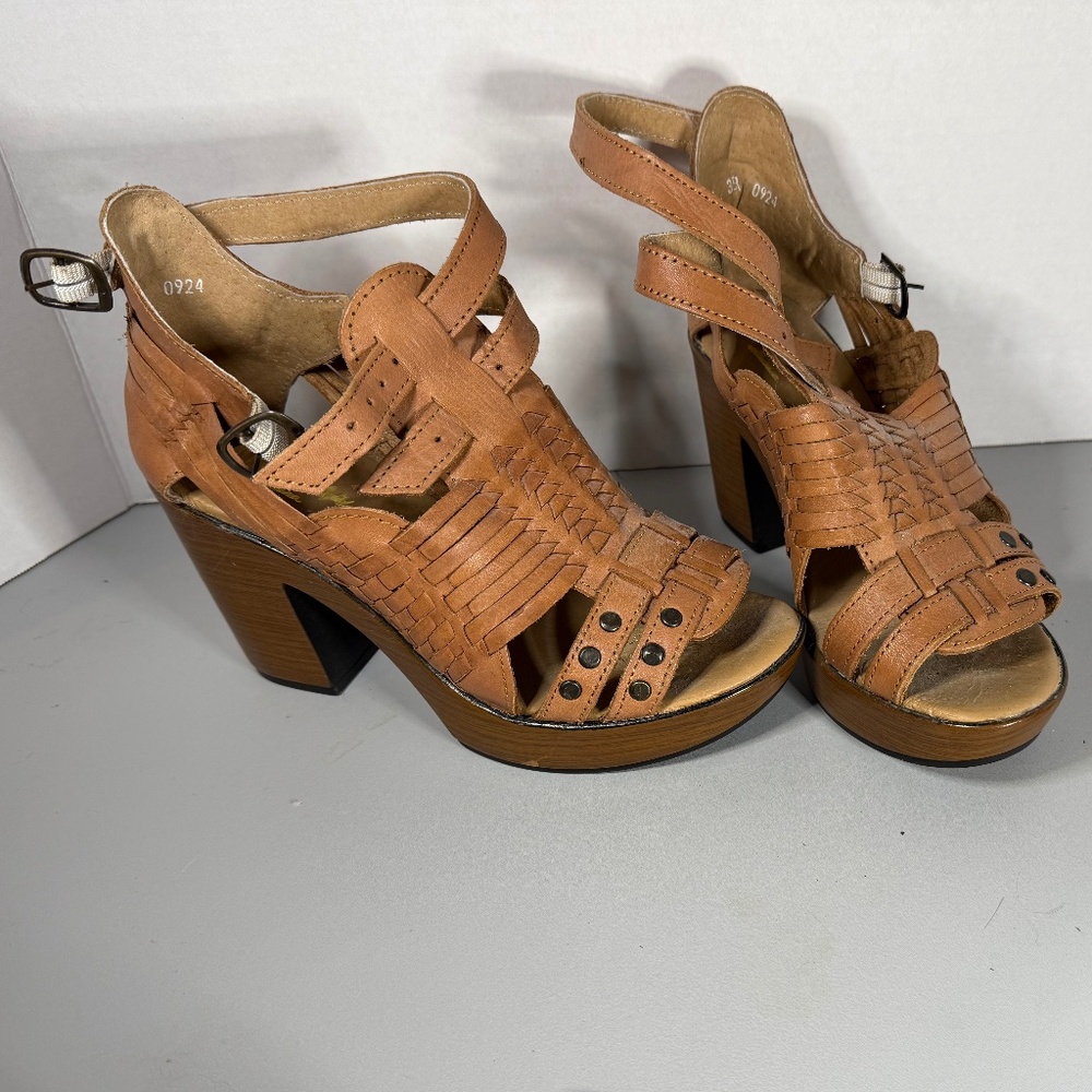 Macarena Woven Leather Platform Sandals Tan Block Heel Boho Festival Style Sz 8